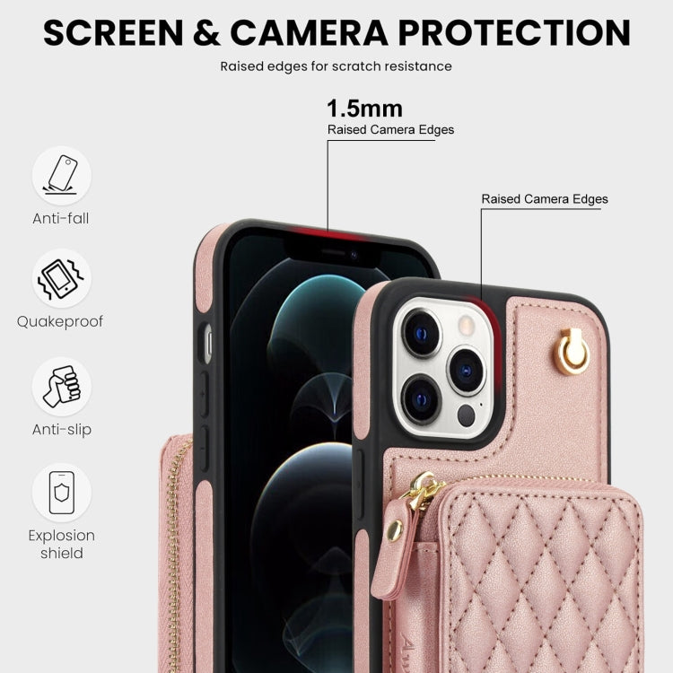 For iPhone 14 Pro AwQuer Crossbody Zipper Wallet Rhombic Leather Back Phone Case