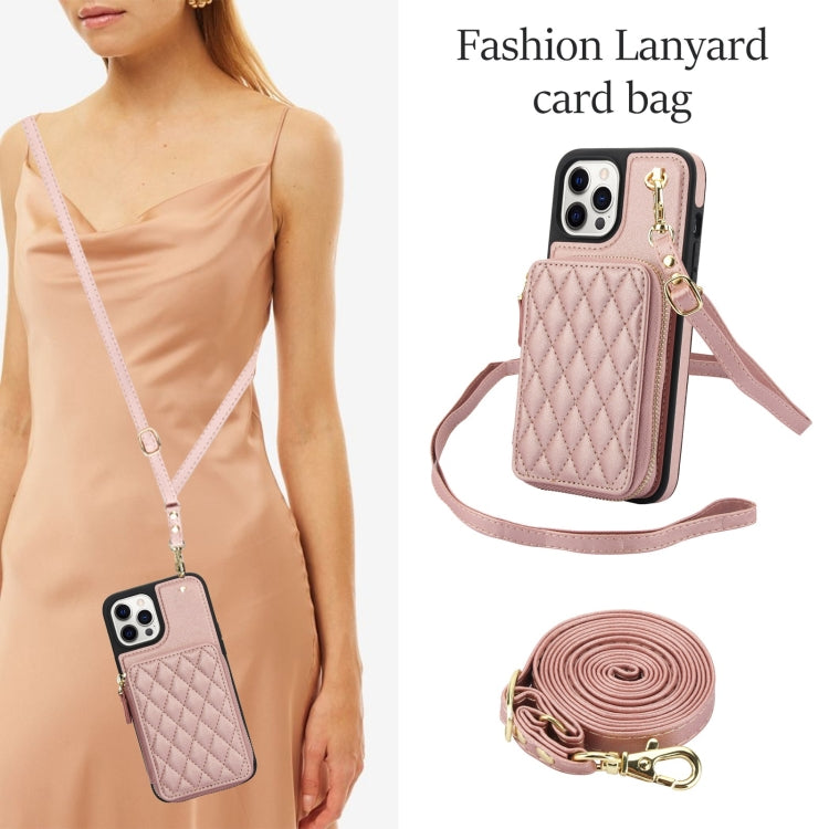 For iPhone 14 Pro AwQuer Crossbody Zipper Wallet Rhombic Leather Back Phone Case