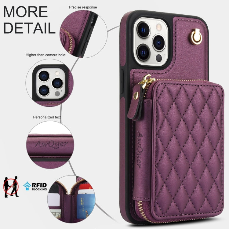 For iPhone 14 Pro AwQuer Crossbody Zipper Wallet Rhombic Leather Back Phone Case
