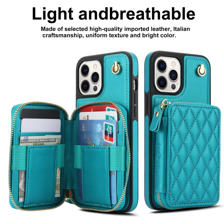 For iPhone 14 Pro Max AwQuer Crossbody Zipper Wallet Rhombic Leather Back Phone Case