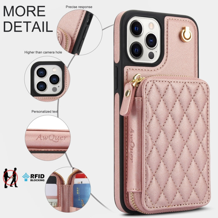 For iPhone 14 Pro Max AwQuer Crossbody Zipper Wallet Rhombic Leather Back Phone Case