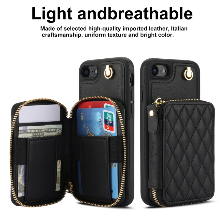 For iPhone 7 / 8 / SE 2022 AwQuer Crossbody Zipper Wallet Rhombic Leather Back Phone Case