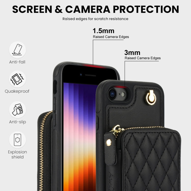 For iPhone 7 / 8 / SE 2022 AwQuer Crossbody Zipper Wallet Rhombic Leather Back Phone Case