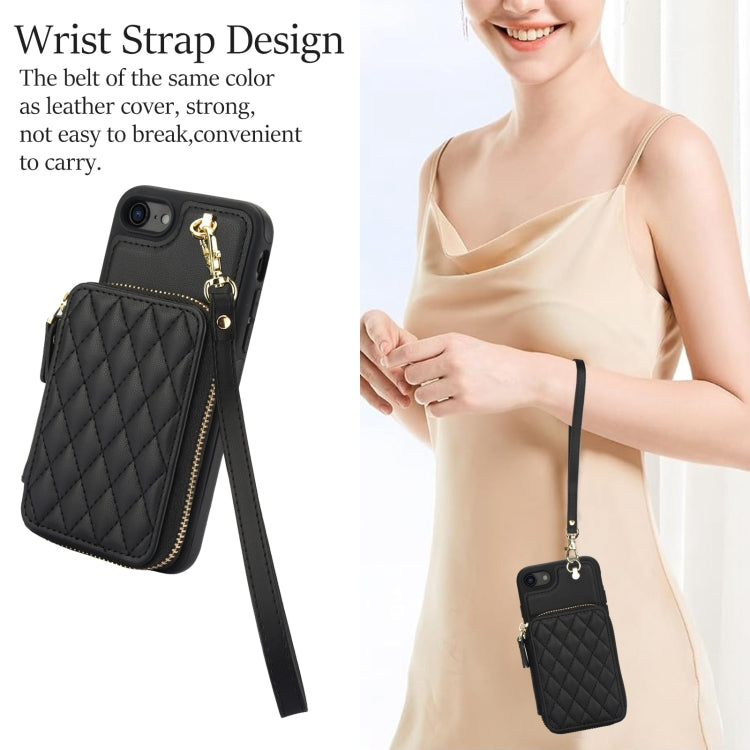 For iPhone 7 / 8 / SE 2022 AwQuer Crossbody Zipper Wallet Rhombic Leather Back Phone Case