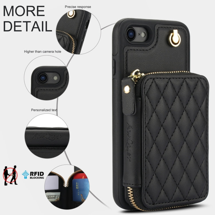 For iPhone 7 / 8 / SE 2022 AwQuer Crossbody Zipper Wallet Rhombic Leather Back Phone Case