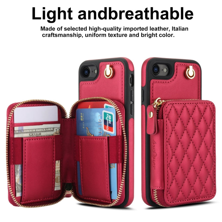 For iPhone 7 / 8 / SE 2022 AwQuer Crossbody Zipper Wallet Rhombic Leather Back Phone Case