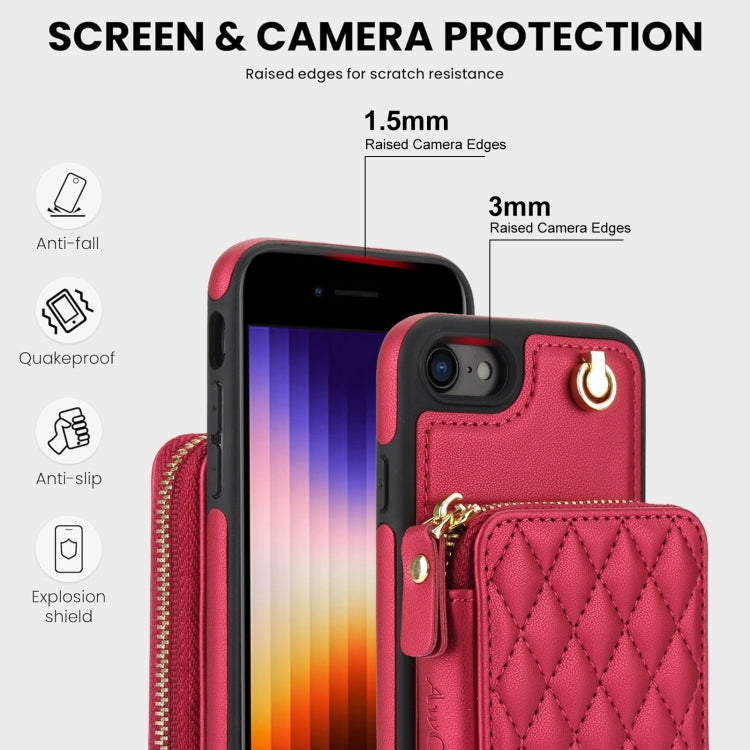 For iPhone 7 / 8 / SE 2022 AwQuer Crossbody Zipper Wallet Rhombic Leather Back Phone Case