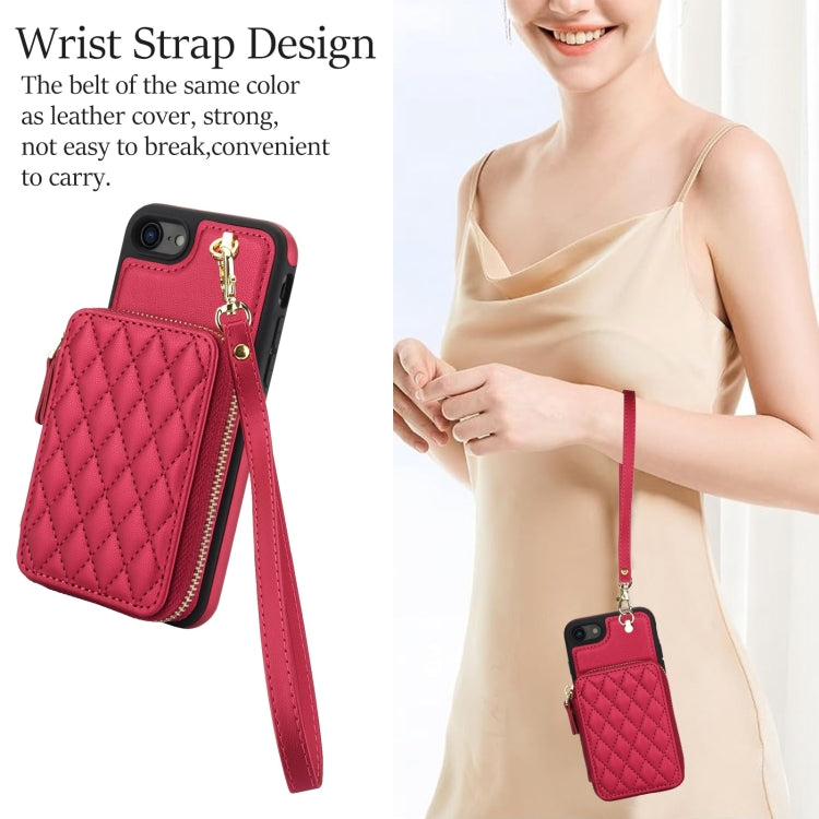 For iPhone 7 / 8 / SE 2022 AwQuer Crossbody Zipper Wallet Rhombic Leather Back Phone Case