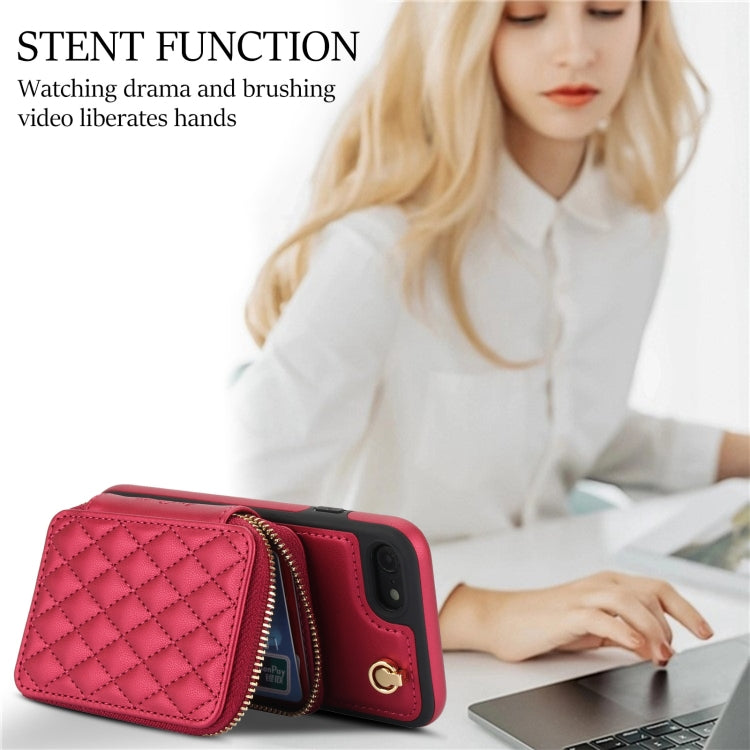For iPhone 7 / 8 / SE 2022 AwQuer Crossbody Zipper Wallet Rhombic Leather Back Phone Case