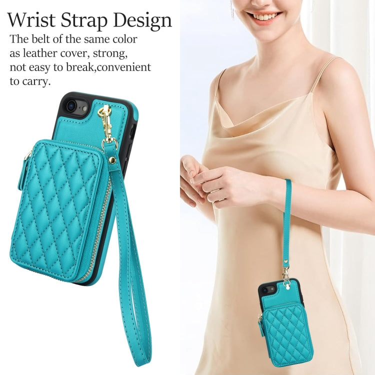 For iPhone 7 / 8 / SE 2022 AwQuer Crossbody Zipper Wallet Rhombic Leather Back Phone Case