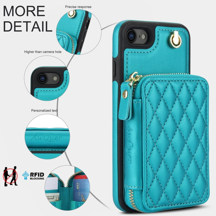 For iPhone 7 / 8 / SE 2022 AwQuer Crossbody Zipper Wallet Rhombic Leather Back Phone Case