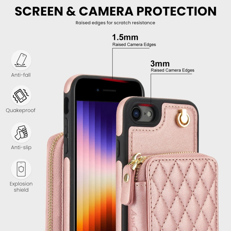For iPhone 7 / 8 / SE 2022 AwQuer Crossbody Zipper Wallet Rhombic Leather Back Phone Case