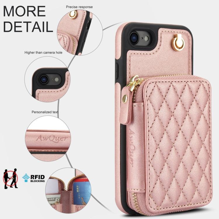 For iPhone 7 / 8 / SE 2022 AwQuer Crossbody Zipper Wallet Rhombic Leather Back Phone Case