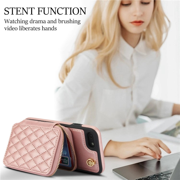 For iPhone 7 / 8 / SE 2022 AwQuer Crossbody Zipper Wallet Rhombic Leather Back Phone Case