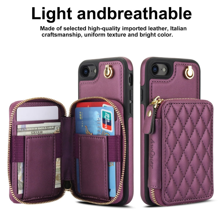 For iPhone 7 / 8 / SE 2022 AwQuer Crossbody Zipper Wallet Rhombic Leather Back Phone Case
