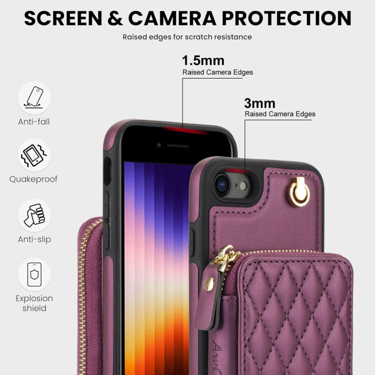 For iPhone 7 / 8 / SE 2022 AwQuer Crossbody Zipper Wallet Rhombic Leather Back Phone Case