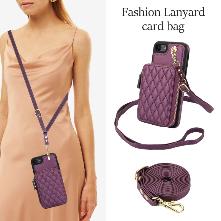 For iPhone 7 / 8 / SE 2022 AwQuer Crossbody Zipper Wallet Rhombic Leather Back Phone Case