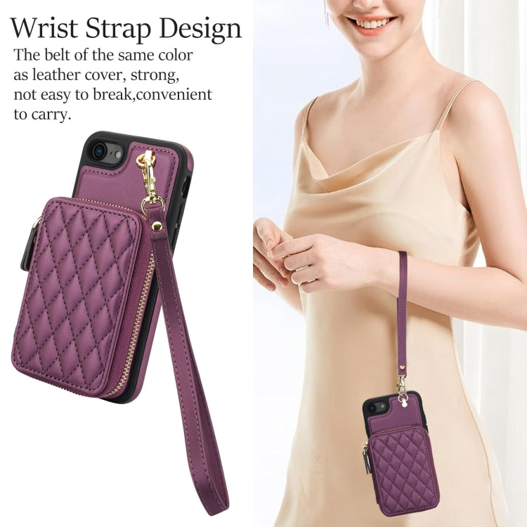 For iPhone 7 / 8 / SE 2022 AwQuer Crossbody Zipper Wallet Rhombic Leather Back Phone Case