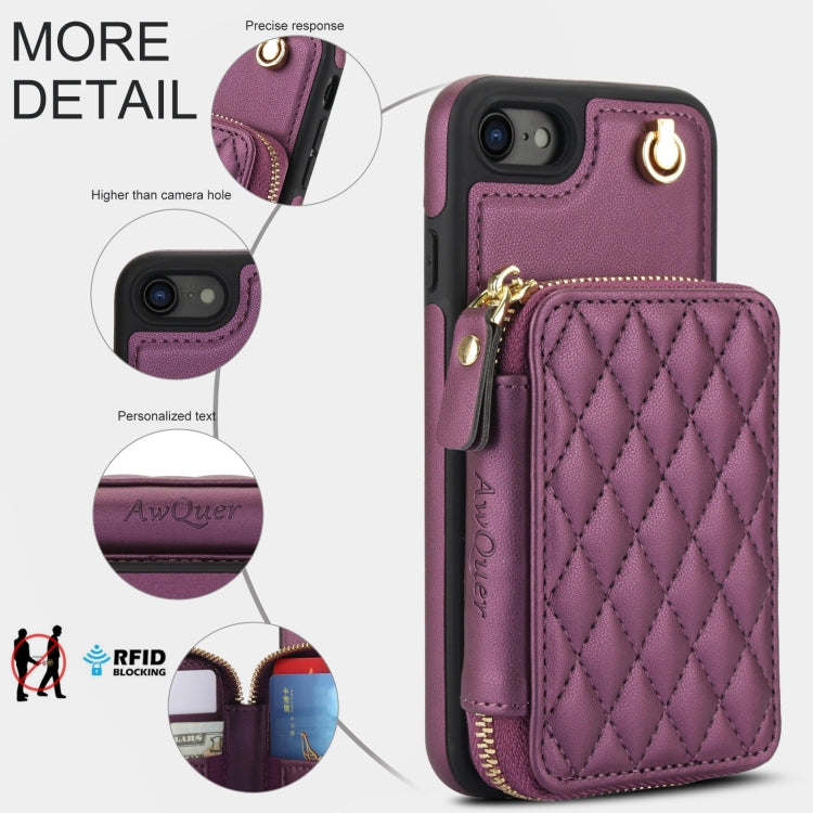 For iPhone 7 / 8 / SE 2022 AwQuer Crossbody Zipper Wallet Rhombic Leather Back Phone Case