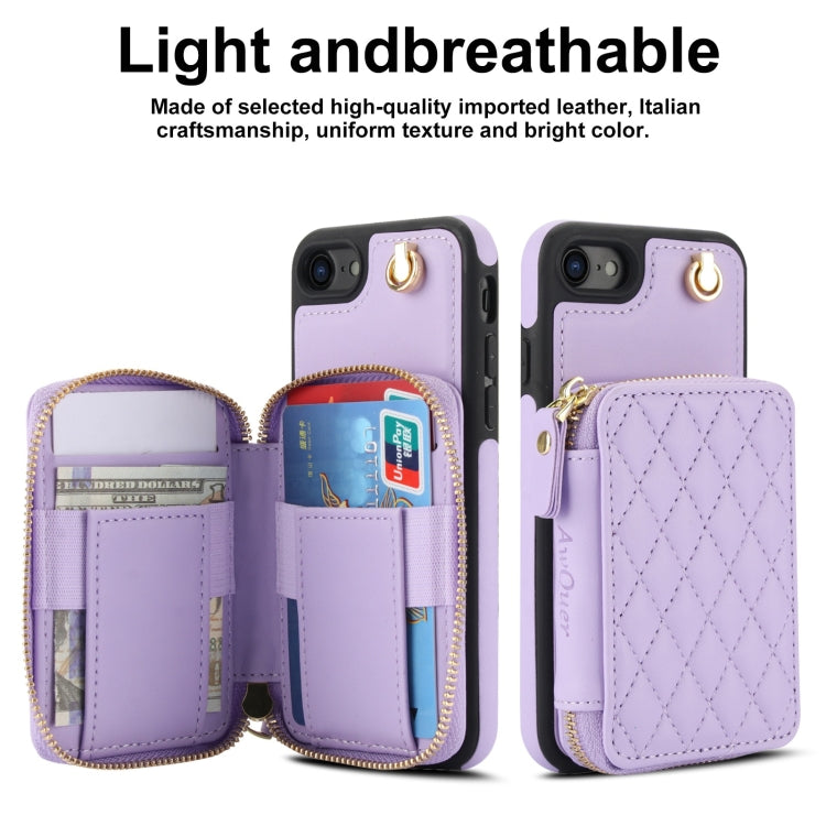 For iPhone 7 / 8 / SE 2022 AwQuer Crossbody Zipper Wallet Rhombic Leather Back Phone Case