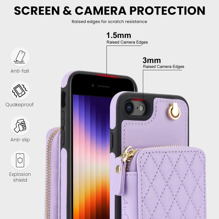 For iPhone 7 / 8 / SE 2022 AwQuer Crossbody Zipper Wallet Rhombic Leather Back Phone Case