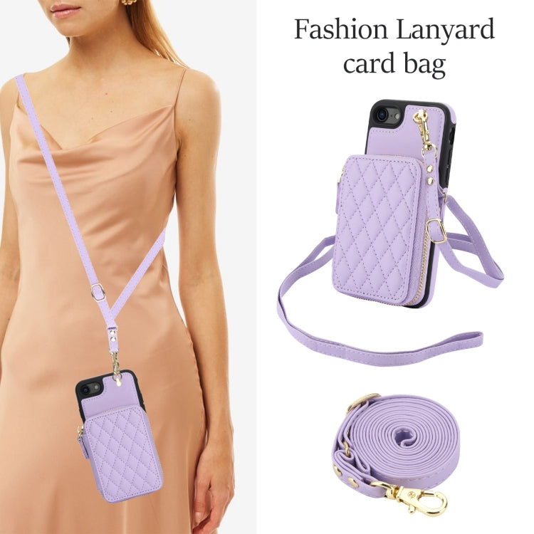 For iPhone 7 / 8 / SE 2022 AwQuer Crossbody Zipper Wallet Rhombic Leather Back Phone Case