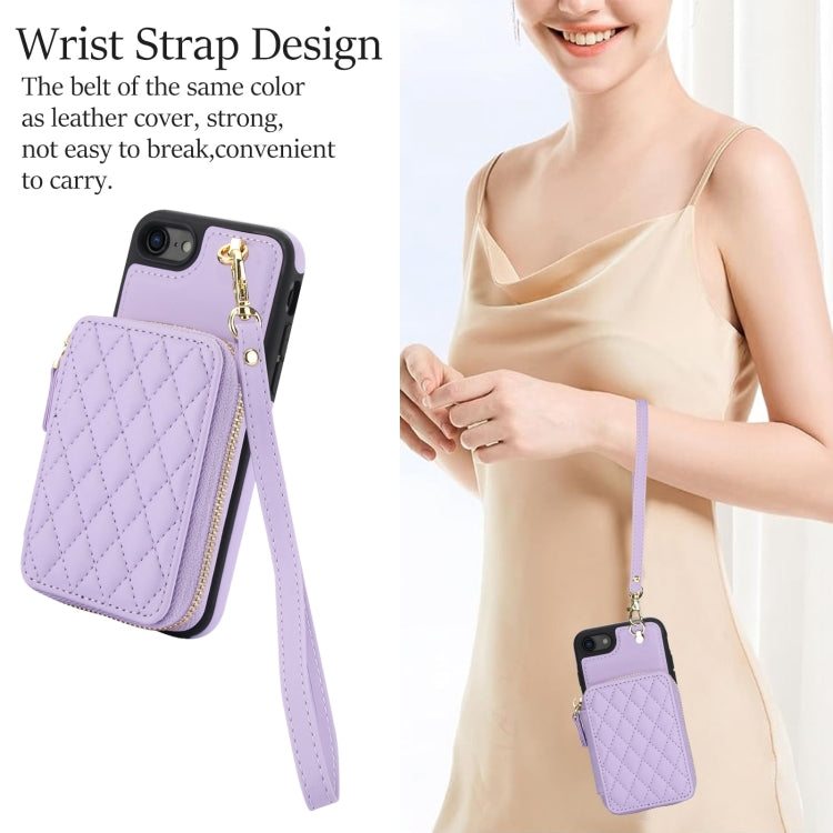For iPhone 7 / 8 / SE 2022 AwQuer Crossbody Zipper Wallet Rhombic Leather Back Phone Case
