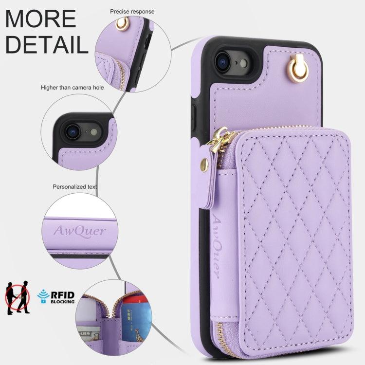 For iPhone 7 / 8 / SE 2022 AwQuer Crossbody Zipper Wallet Rhombic Leather Back Phone Case
