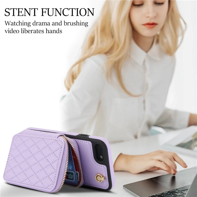 For iPhone 7 / 8 / SE 2022 AwQuer Crossbody Zipper Wallet Rhombic Leather Back Phone Case