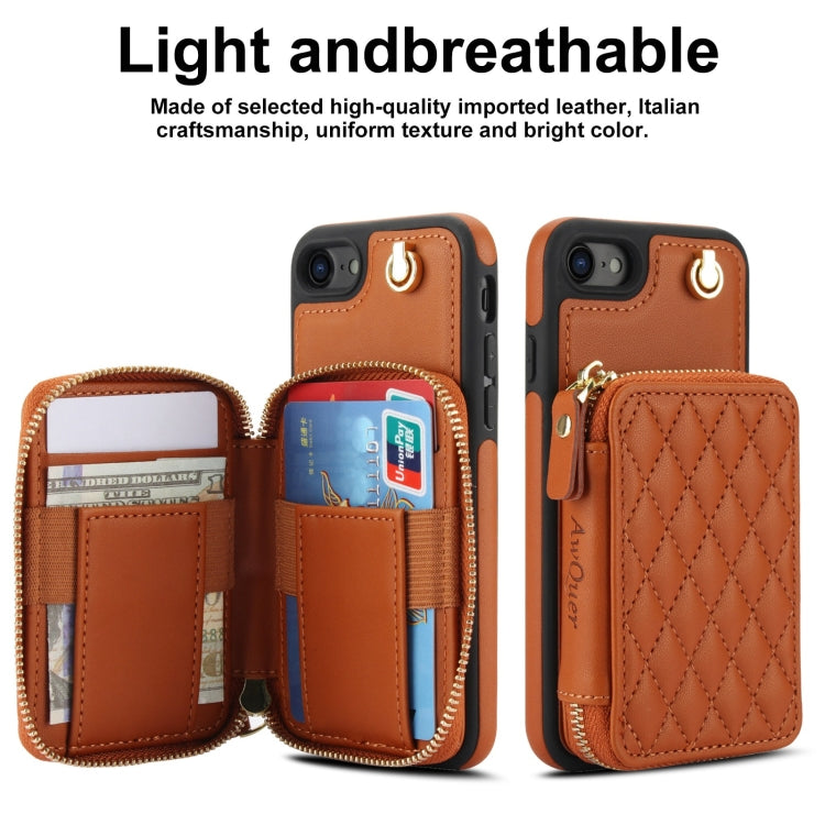 For iPhone 7 / 8 / SE 2022 AwQuer Crossbody Zipper Wallet Rhombic Leather Back Phone Case