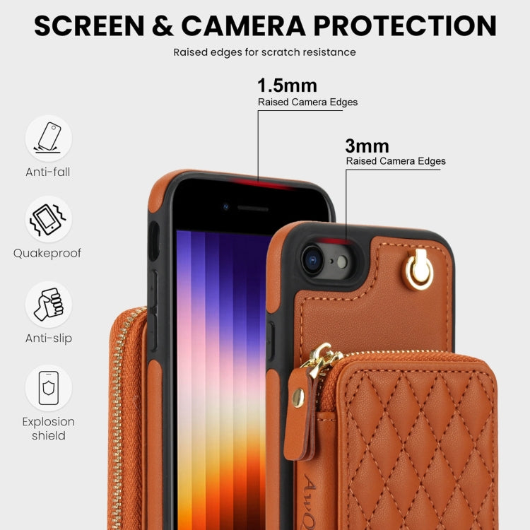 For iPhone 7 / 8 / SE 2022 AwQuer Crossbody Zipper Wallet Rhombic Leather Back Phone Case