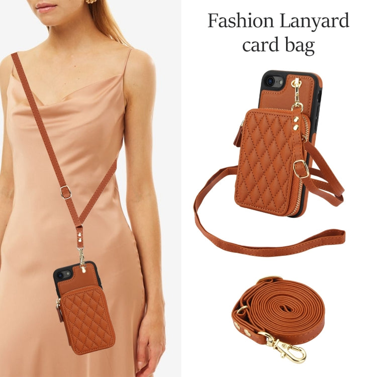 For iPhone 7 / 8 / SE 2022 AwQuer Crossbody Zipper Wallet Rhombic Leather Back Phone Case