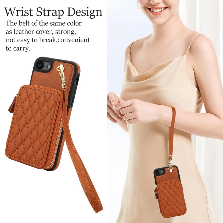 For iPhone 7 / 8 / SE 2022 AwQuer Crossbody Zipper Wallet Rhombic Leather Back Phone Case