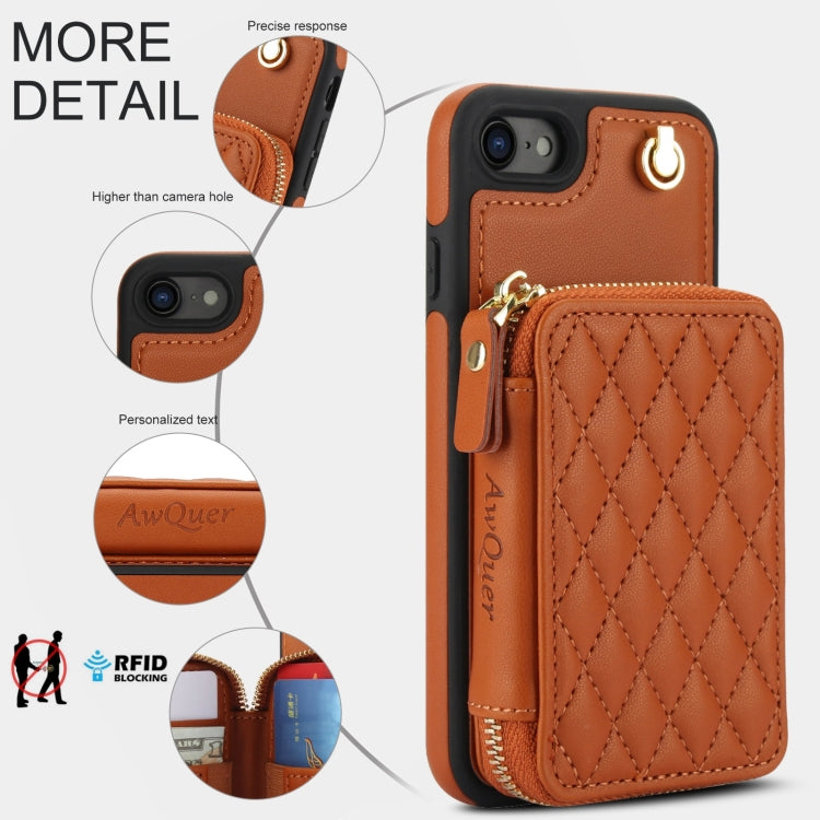 For iPhone 7 / 8 / SE 2022 AwQuer Crossbody Zipper Wallet Rhombic Leather Back Phone Case