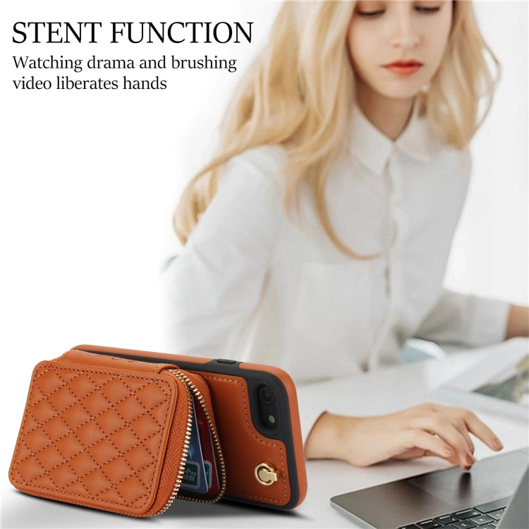 For iPhone 7 / 8 / SE 2022 AwQuer Crossbody Zipper Wallet Rhombic Leather Back Phone Case