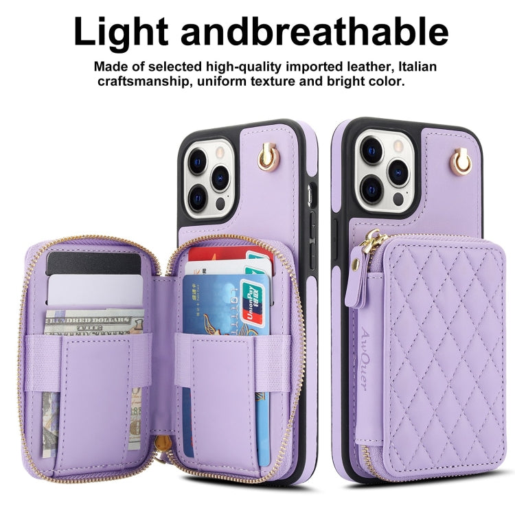 For iPhone 13 Pro Max AwQuer Crossbody Zipper Wallet Rhombic Leather Back Phone Case