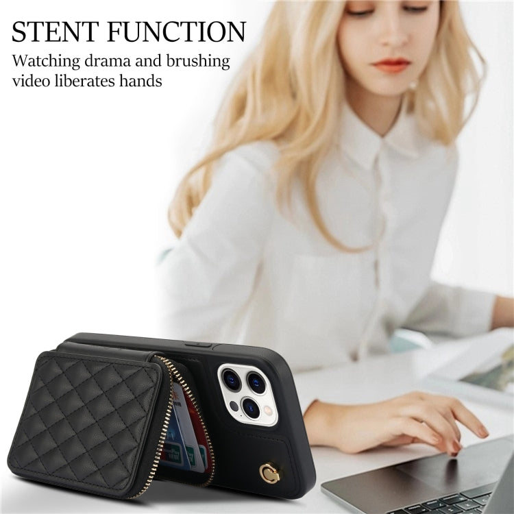 For iPhone 13 Pro AwQuer Crossbody Zipper Wallet Rhombic Leather Back Phone Case