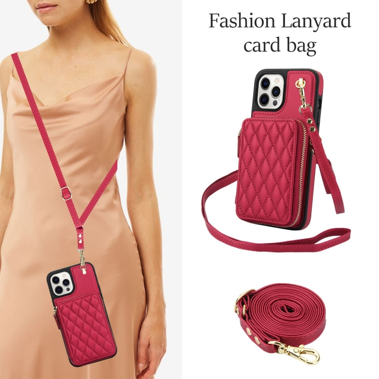 For iPhone 12 / 12 Pro AwQuer Crossbody Zipper Wallet Rhombic Leather Back Phone Case