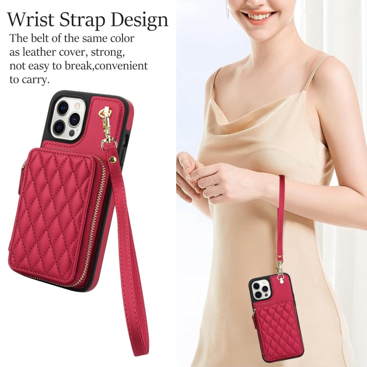 For iPhone 12 / 12 Pro AwQuer Crossbody Zipper Wallet Rhombic Leather Back Phone Case