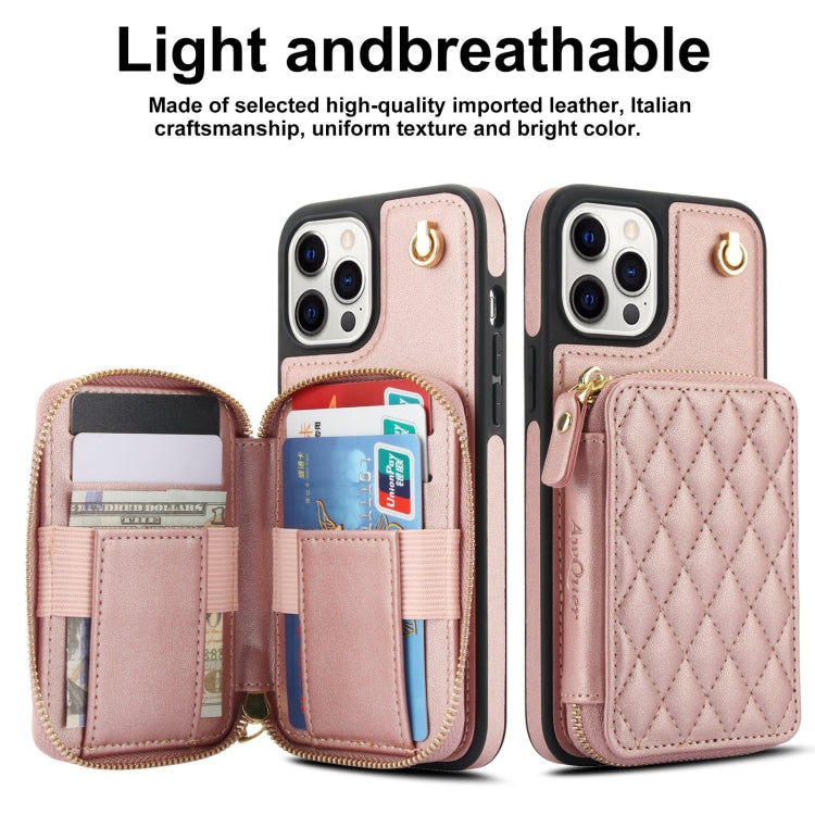 For iPhone 12 / 12 Pro AwQuer Crossbody Zipper Wallet Rhombic Leather Back Phone Case
