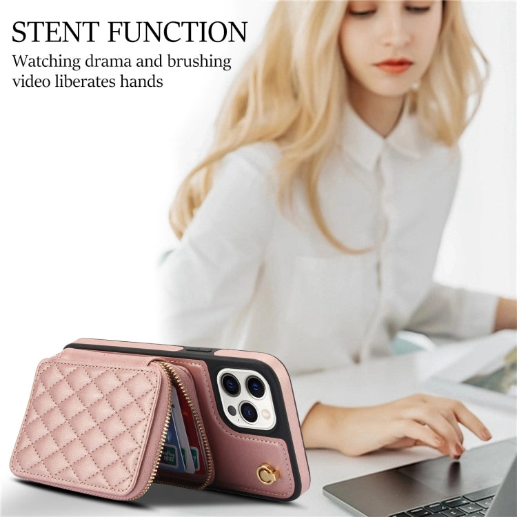 For iPhone 12 / 12 Pro AwQuer Crossbody Zipper Wallet Rhombic Leather Back Phone Case