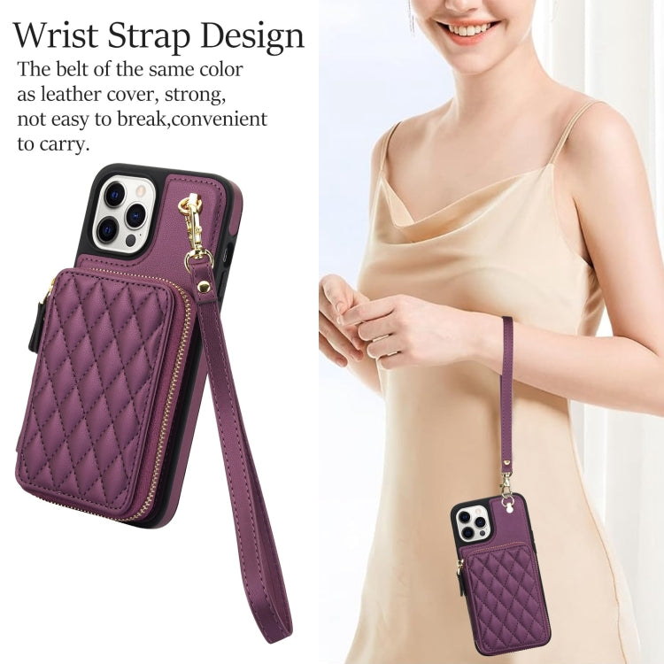 For iPhone 12 / 12 Pro AwQuer Crossbody Zipper Wallet Rhombic Leather Back Phone Case