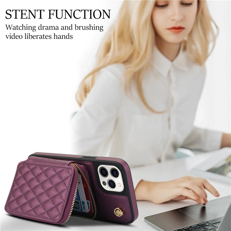For iPhone 12 / 12 Pro AwQuer Crossbody Zipper Wallet Rhombic Leather Back Phone Case