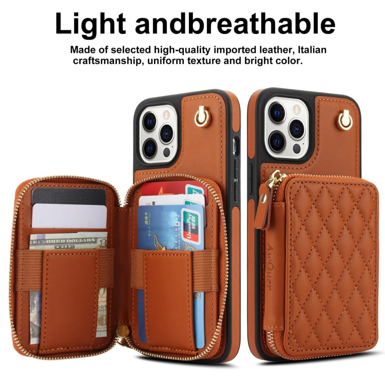 For iPhone 12 / 12 Pro AwQuer Crossbody Zipper Wallet Rhombic Leather Back Phone Case