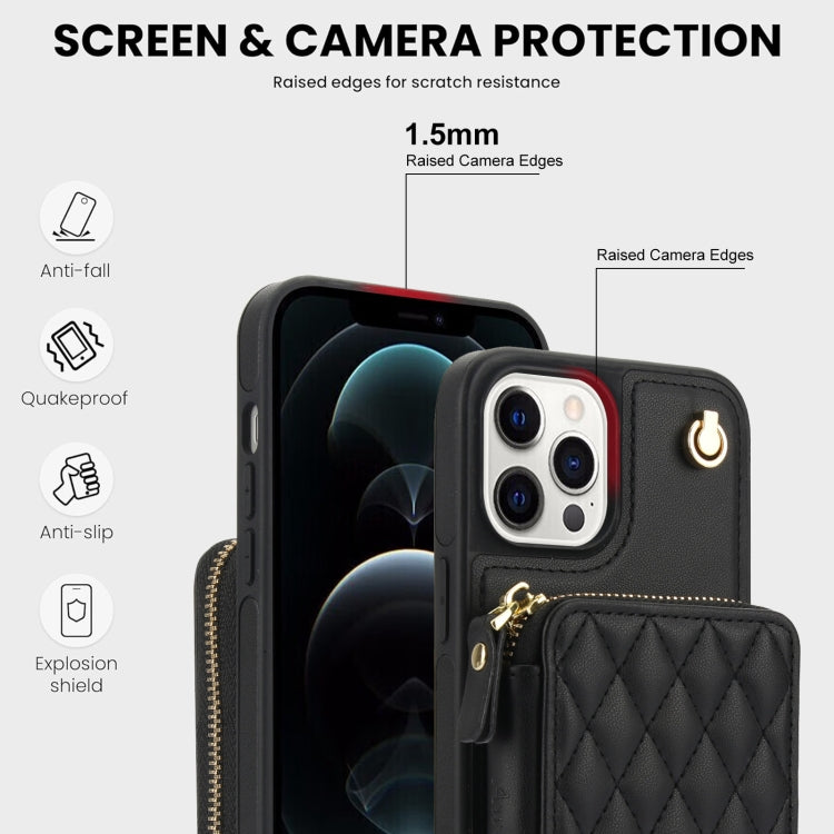 For iPhone 12 Pro Max AwQuer Crossbody Zipper Wallet Rhombic Leather Back Phone Case
