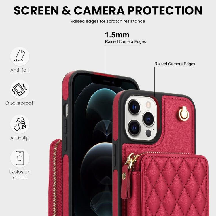 For iPhone 12 Pro Max AwQuer Crossbody Zipper Wallet Rhombic Leather Back Phone Case