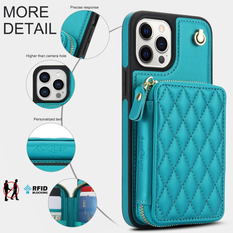 For iPhone 12 Pro Max AwQuer Crossbody Zipper Wallet Rhombic Leather Back Phone Case