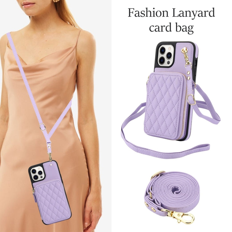 For iPhone 12 Pro Max AwQuer Crossbody Zipper Wallet Rhombic Leather Back Phone Case
