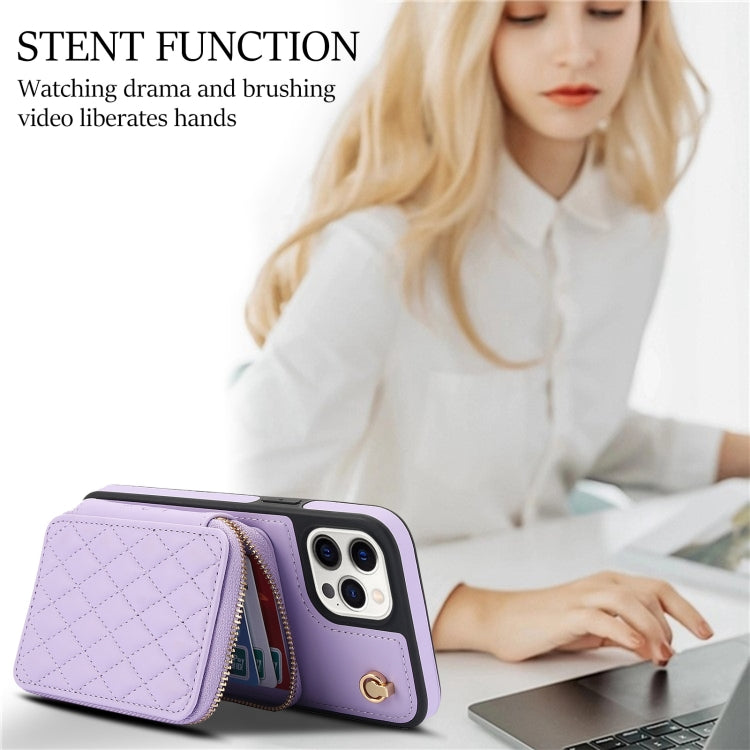 For iPhone 12 Pro Max AwQuer Crossbody Zipper Wallet Rhombic Leather Back Phone Case