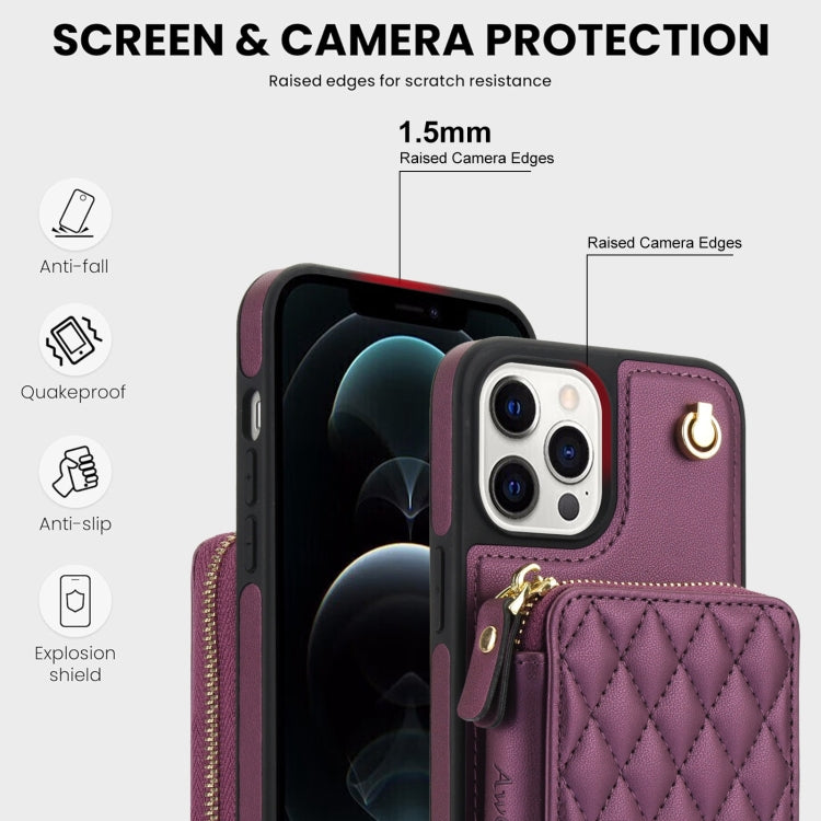 For iPhone 11 Pro Max AwQuer Crossbody Zipper Wallet Rhombic Leather Back Phone Case